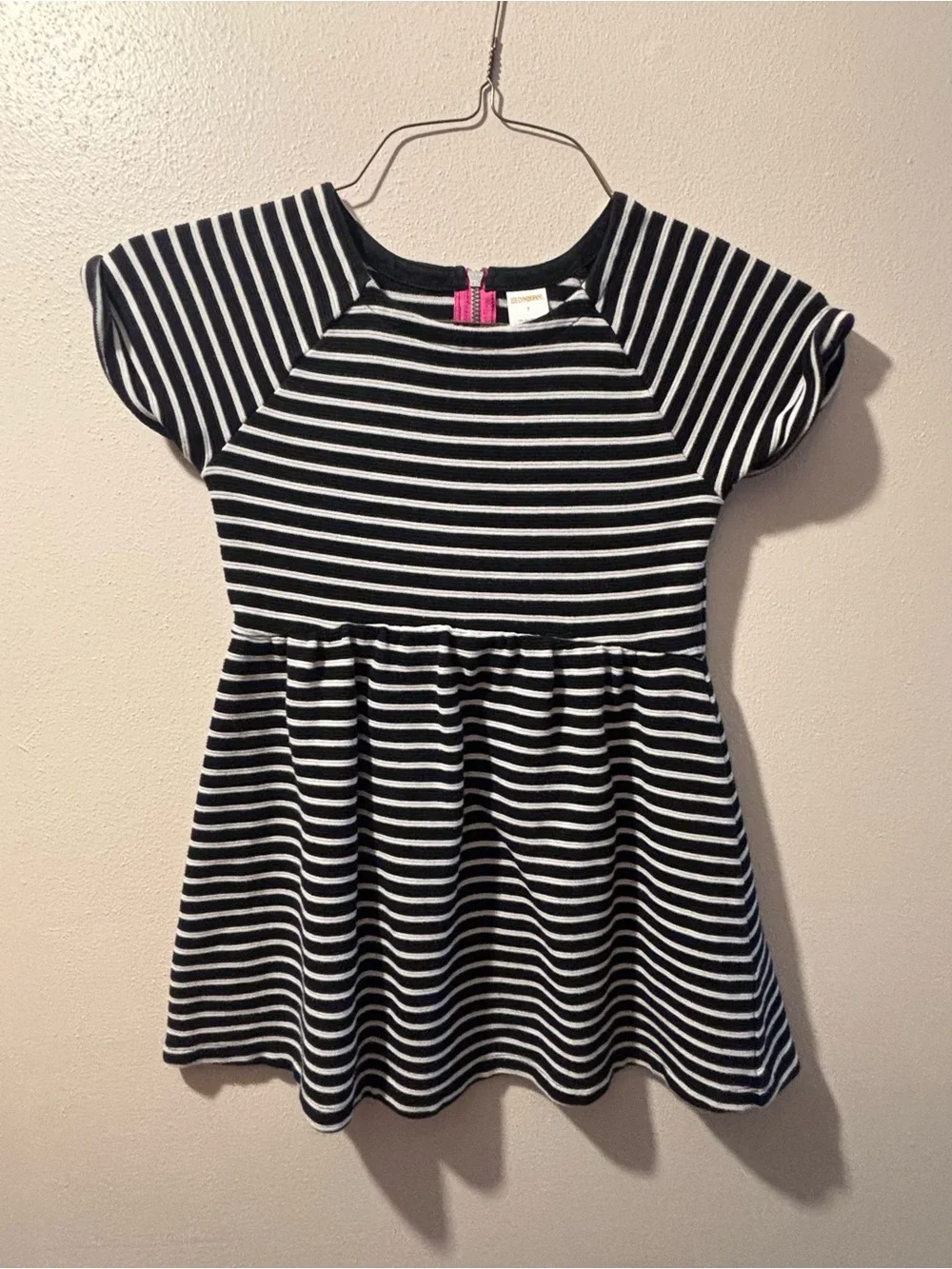 Gymboree Girls Size 7 Black/White Striped Knit Dress Pink Back Zip